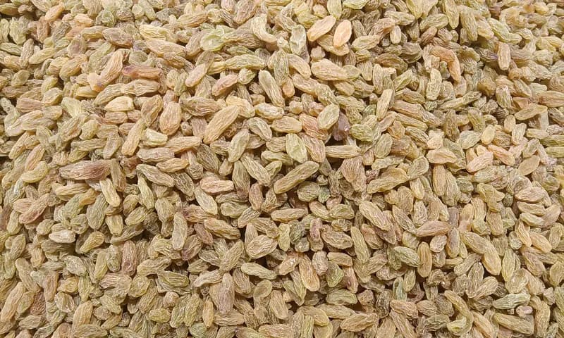 Close-up heap of golden-green kishmish raisins, export-grade dried fruit